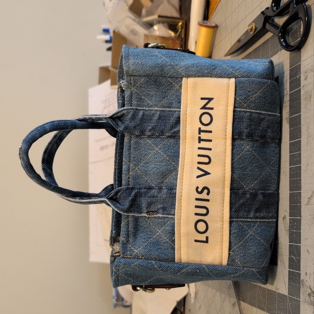 Repurposed Upcycled Denim Tote made with authentic Louis Vuitton materials